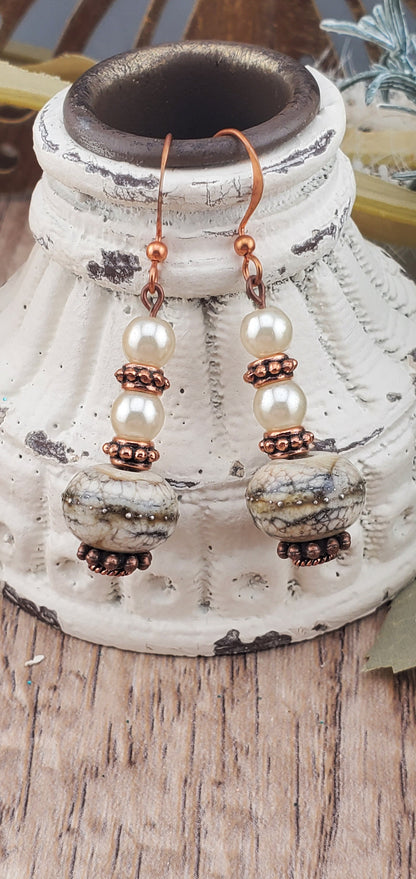 Pearly Whites Artisan Glass Earrings, Lampwork Glass Bead by Grace Lampwork Beads, Copper Earring Wire