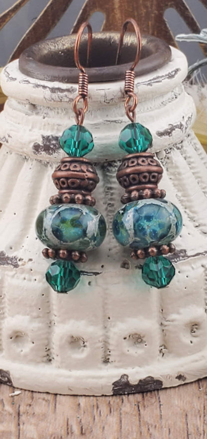 Arabian Nights stunning Artisan Glass Earrings, Lampwork Glass Bead by Grace Lampwork Beads, Copper Earring Wire