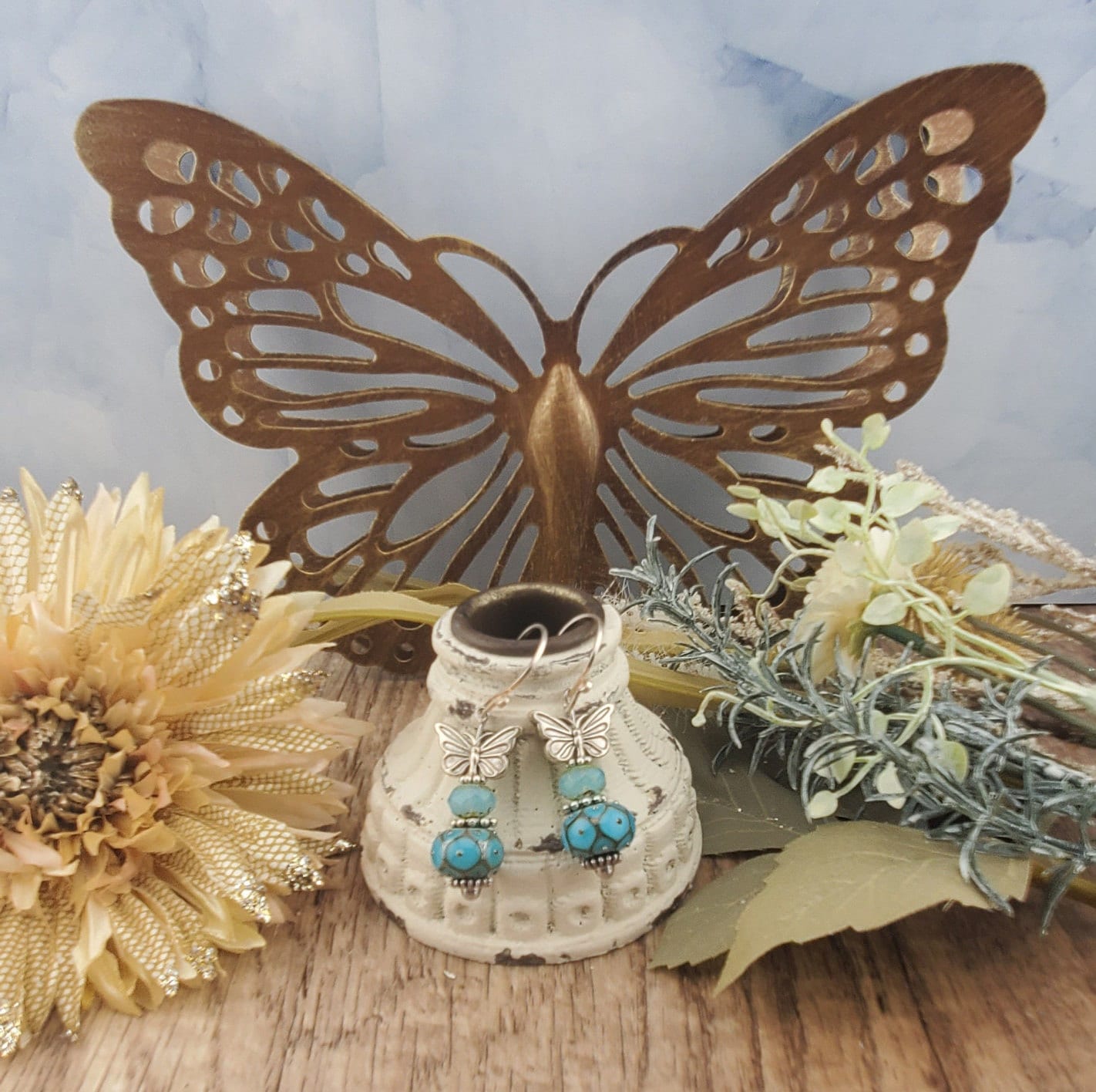 Butterfly Blues Artisan Glass Earrings, Lampwork Glass Bead by Grace Lampwork Beads, Silver Filled Earring Wire