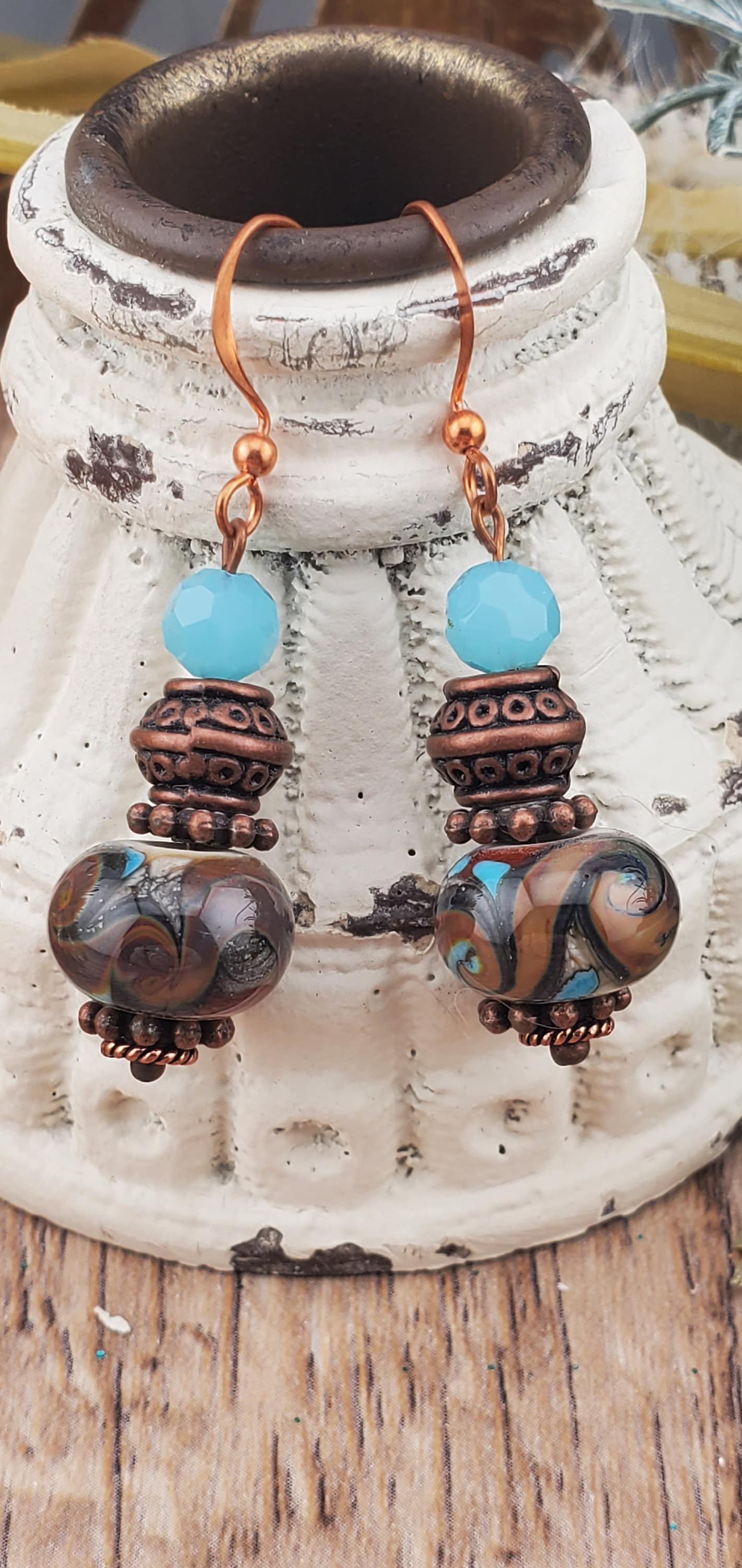 Copper Blues Artisan Glass Earrings, Lampwork Glass Bead by Grace Lampwork Beads, Copper Earring Wire