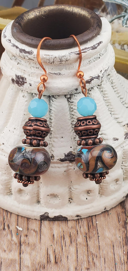 Copper Blues Artisan Glass Earrings, Lampwork Glass Bead by Grace Lampwork Beads, Copper Earring Wire