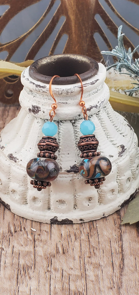 Copper Blues Artisan Glass Earrings, Lampwork Glass Bead by Grace Lampwork Beads, Copper Earring Wire