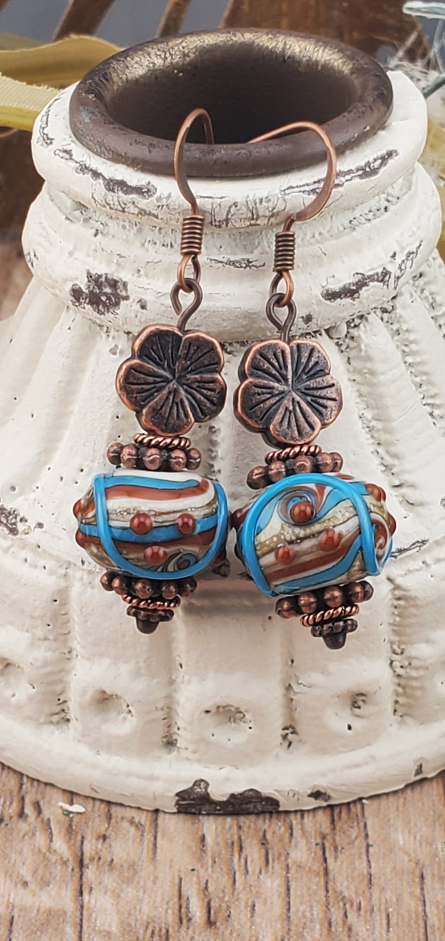 Terra Cotta Blues stunning Artisan Glass Earrings, Lampwork Glass Bead by Grace Lampwork Beads, Copper Earring Wire