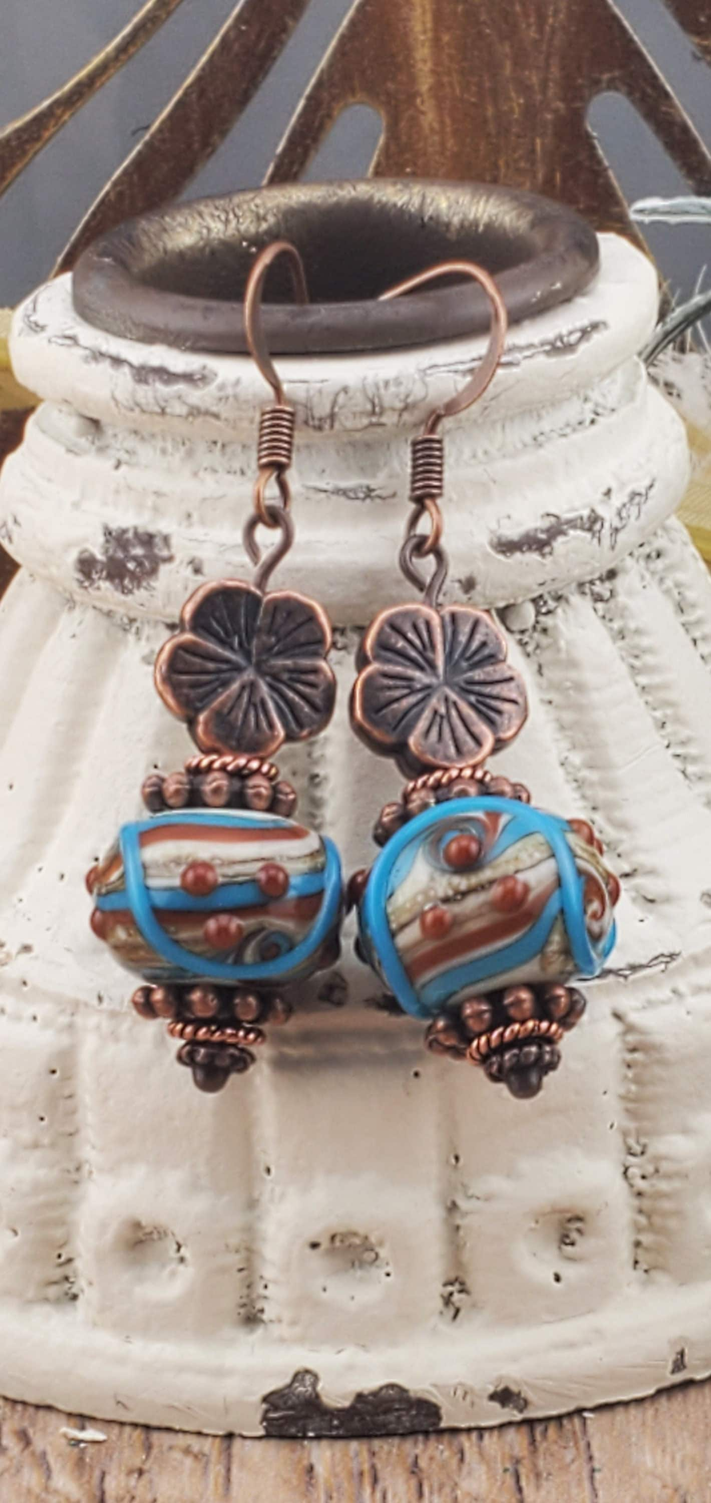 Terra Cotta Blues stunning Artisan Glass Earrings, Lampwork Glass Bead by Grace Lampwork Beads, Copper Earring Wire