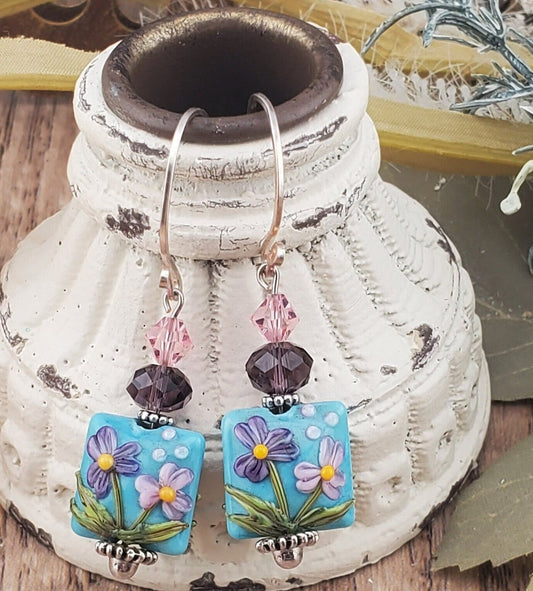 Spring Blossoms Artisan Glass Earrings, Lampwork Glass Bead by Grace Lampwork Beads, Silver Filled Earring Wire