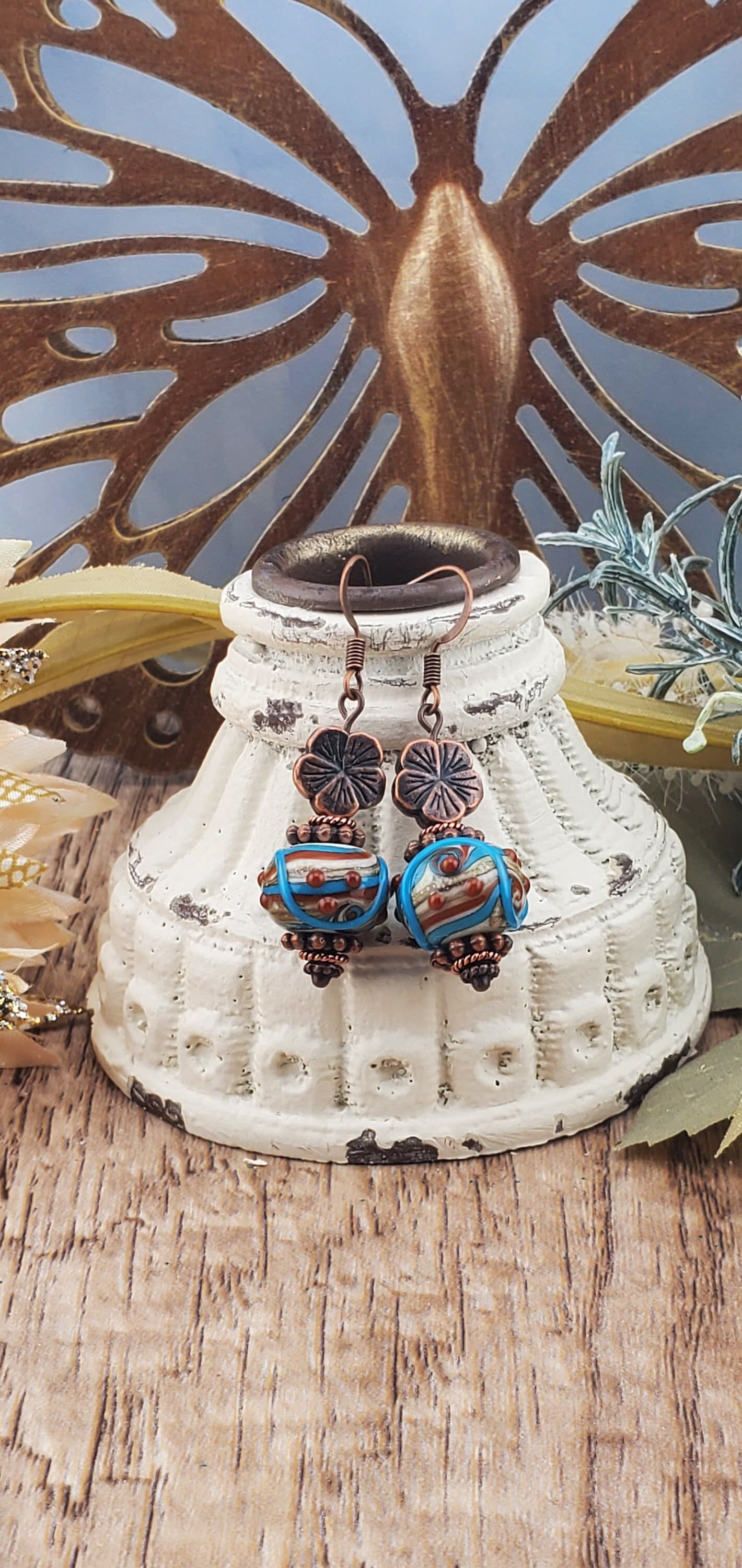 Terra Cotta Blues stunning Artisan Glass Earrings, Lampwork Glass Bead by Grace Lampwork Beads, Copper Earring Wire