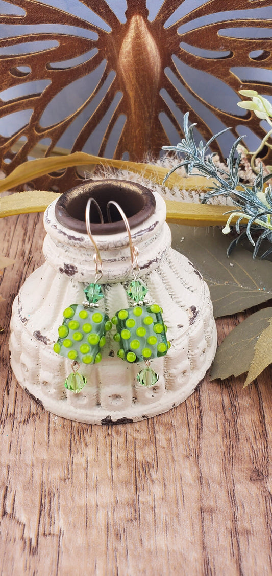 Lime All Yours Artisan Glass Earrings, Lampwork Glass Bead by Grace Lampwork Beads, Silver Filled Earring Wire