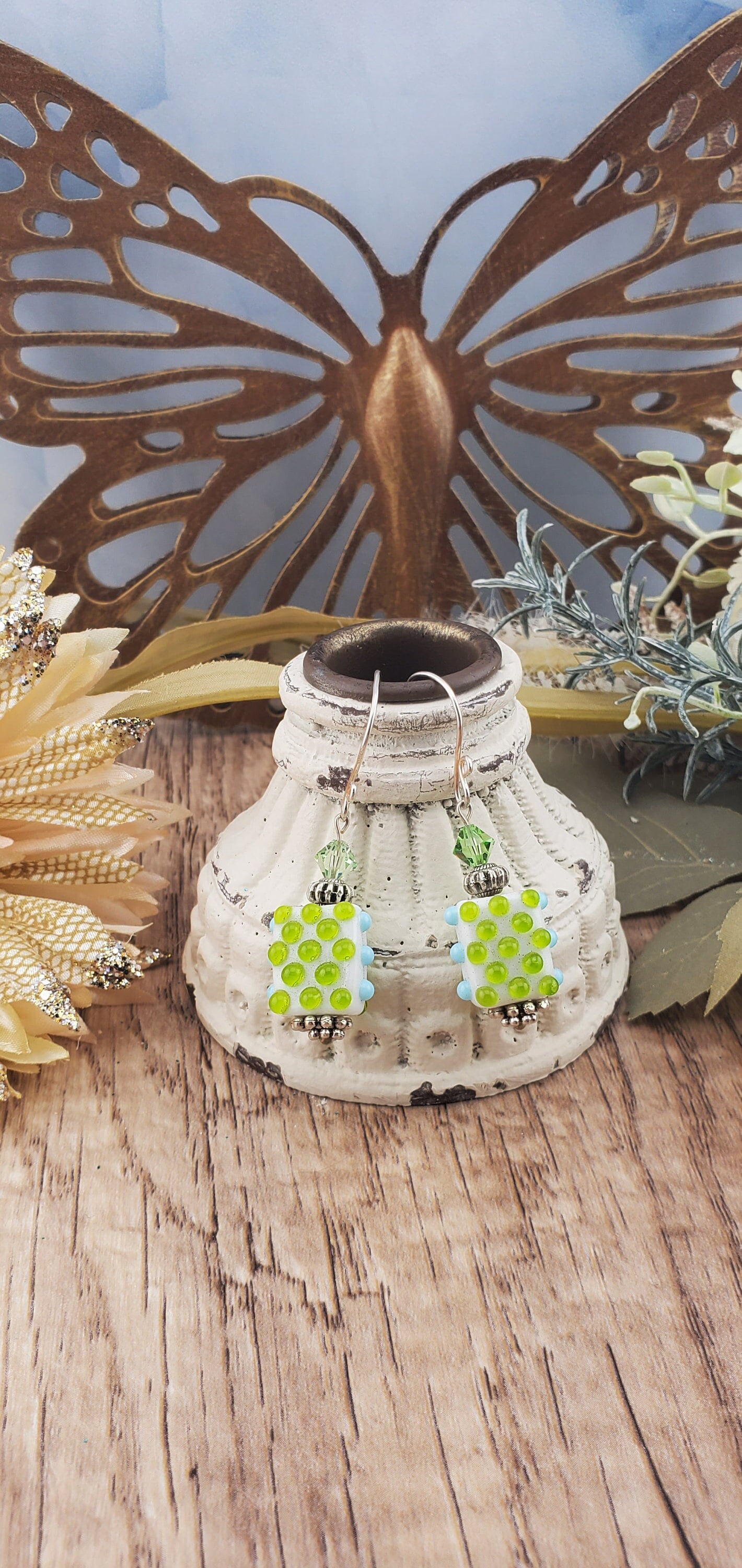 Prickly Pear Artisan Glass Earrings, Lampwork Glass Bead by Grace Lampwork Beads, Silver Filled Earring Wire