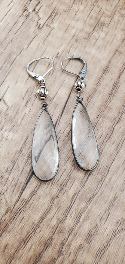 Quartz 11x 34 mm Earrings, Stainless Steel Earring Wire