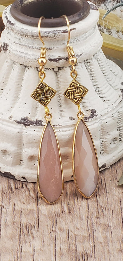 Peach Moonstone 10x32 mm Earrings, Gold Plated Earring Wire