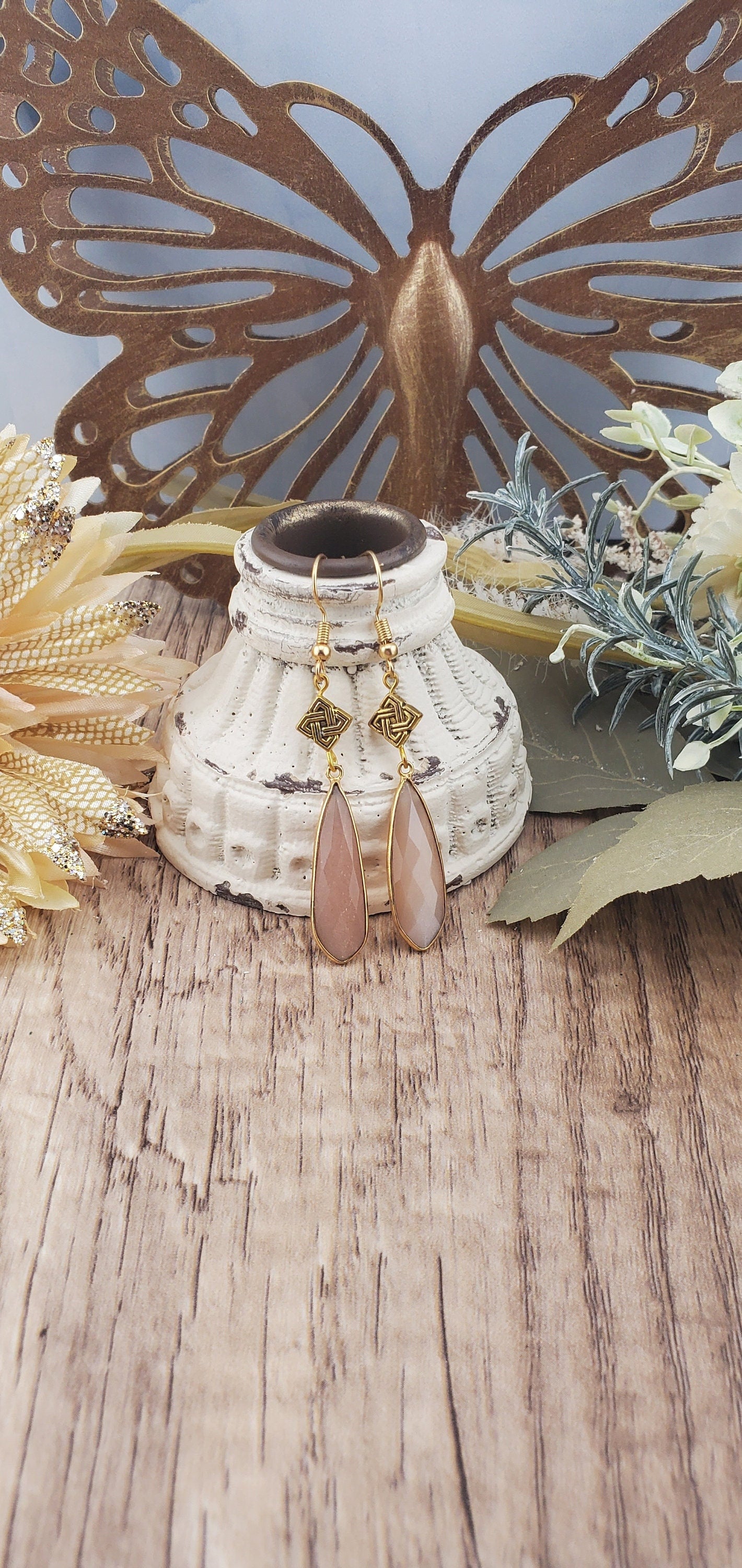 Peach Moonstone 10x32 mm Earrings, Gold Plated Earring Wire