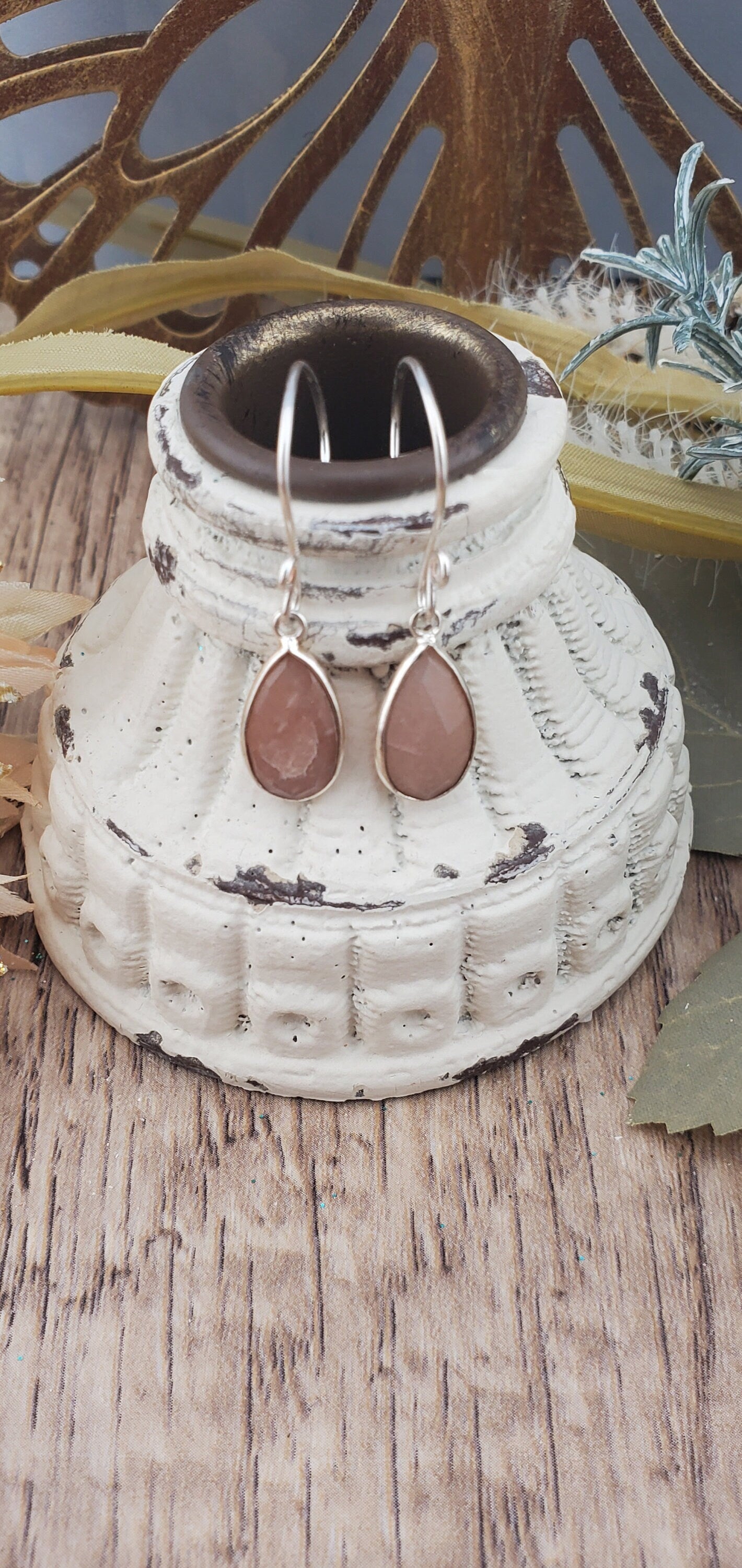 Peach Moonstone 9x18mm Earrings, Silver Filled Earring Wire