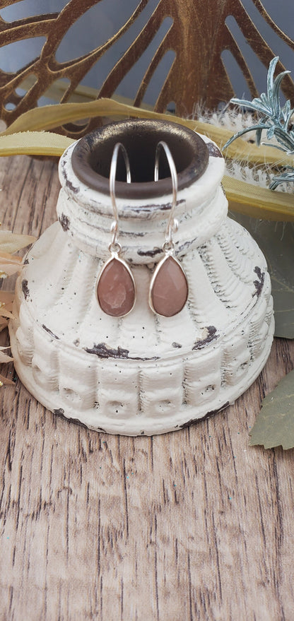 Peach Moonstone 9x18mm Earrings, Silver Filled Earring Wire