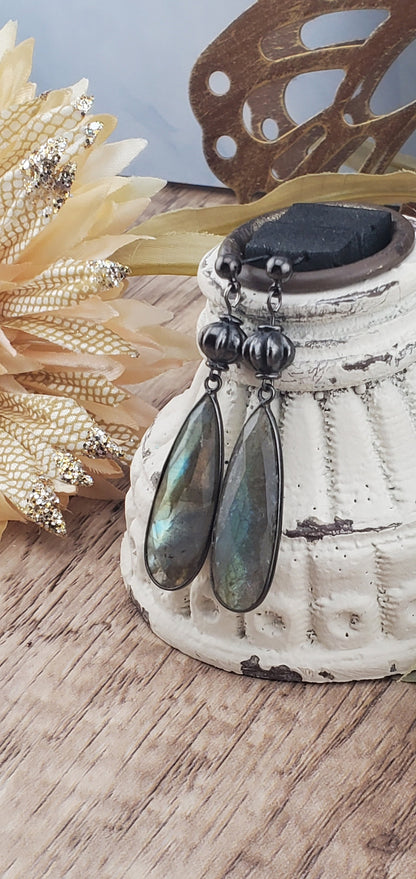 Labradorite 11x34 mm Earrings,Gun Metal Earring Wire