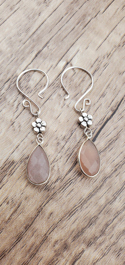 Peach Moonstone 9x18mm Earrings, Silver Filled Earring Wire