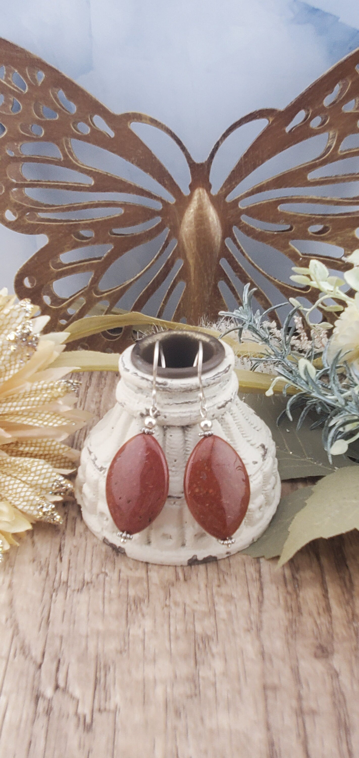 Red Ocean Jasper Earrings, Silver Filled Earring Wire