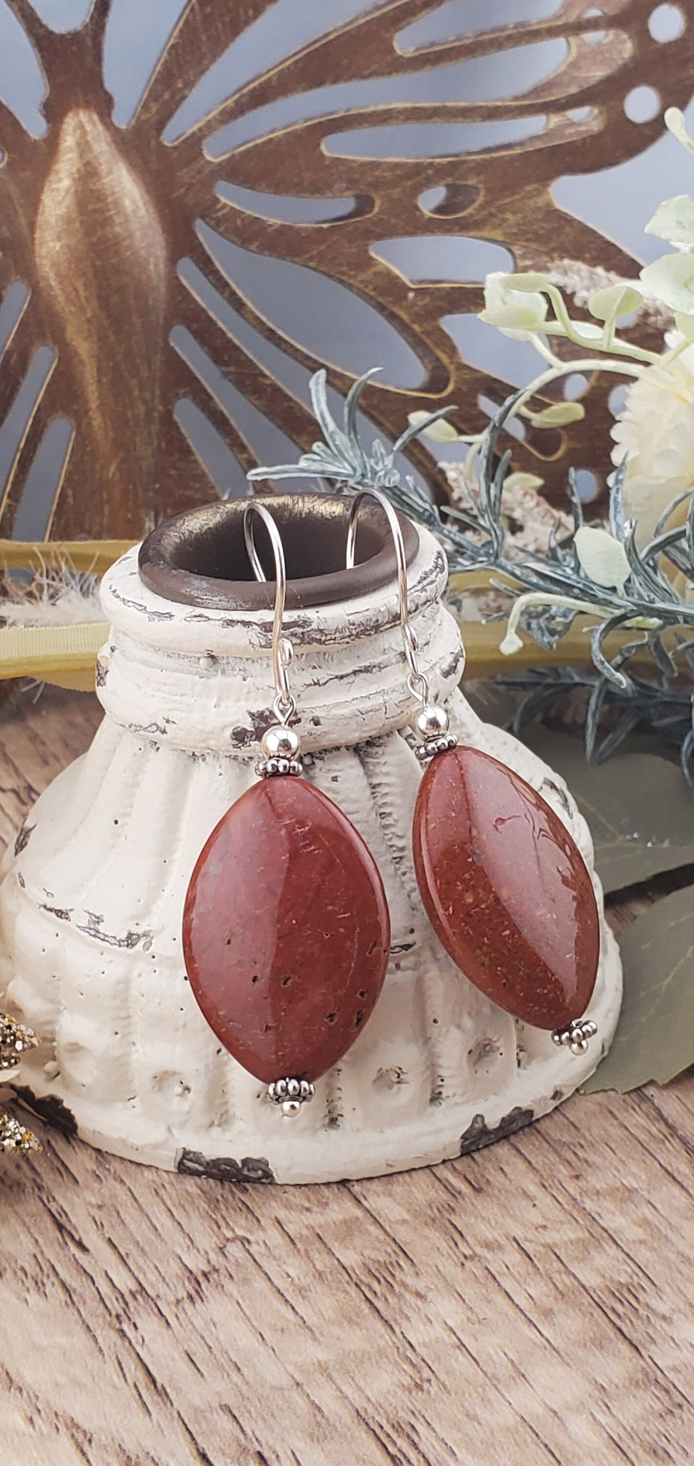 Red Ocean Jasper Earrings, Silver Filled Earring Wire