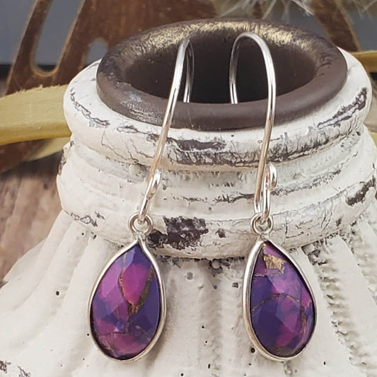 Purple Copper Turquoise 9x18 mm Earrings, Silver Filled Earring Wire