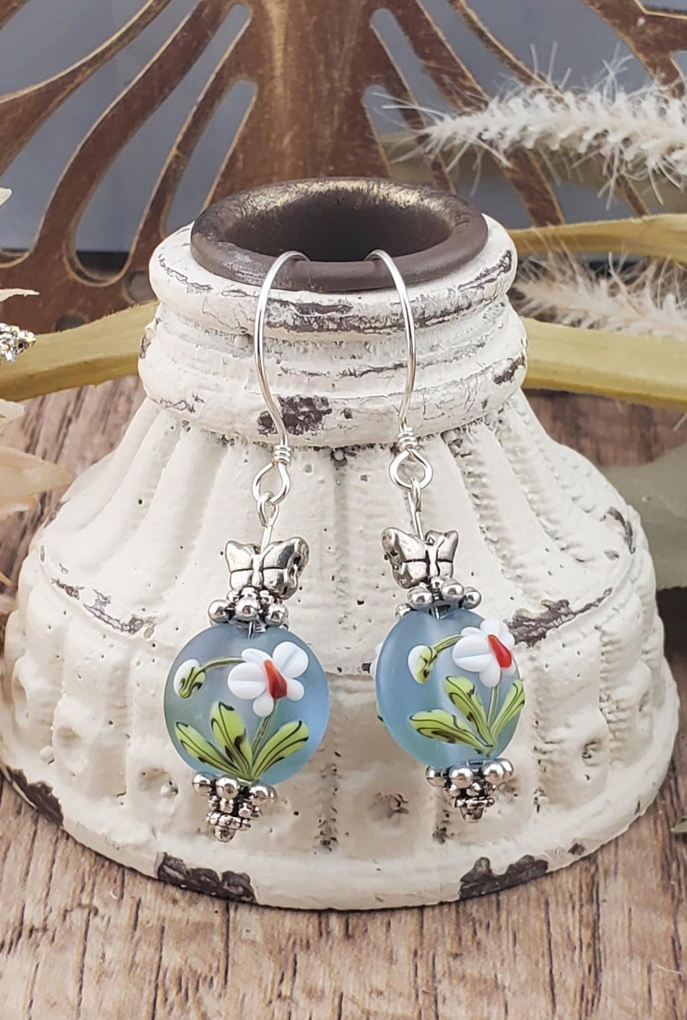 Butterfly Wishes Artisan Glass Earrings, Lampwork Glass Bead by Grace Lampwork Beads, Sterling Silver Earring Wire