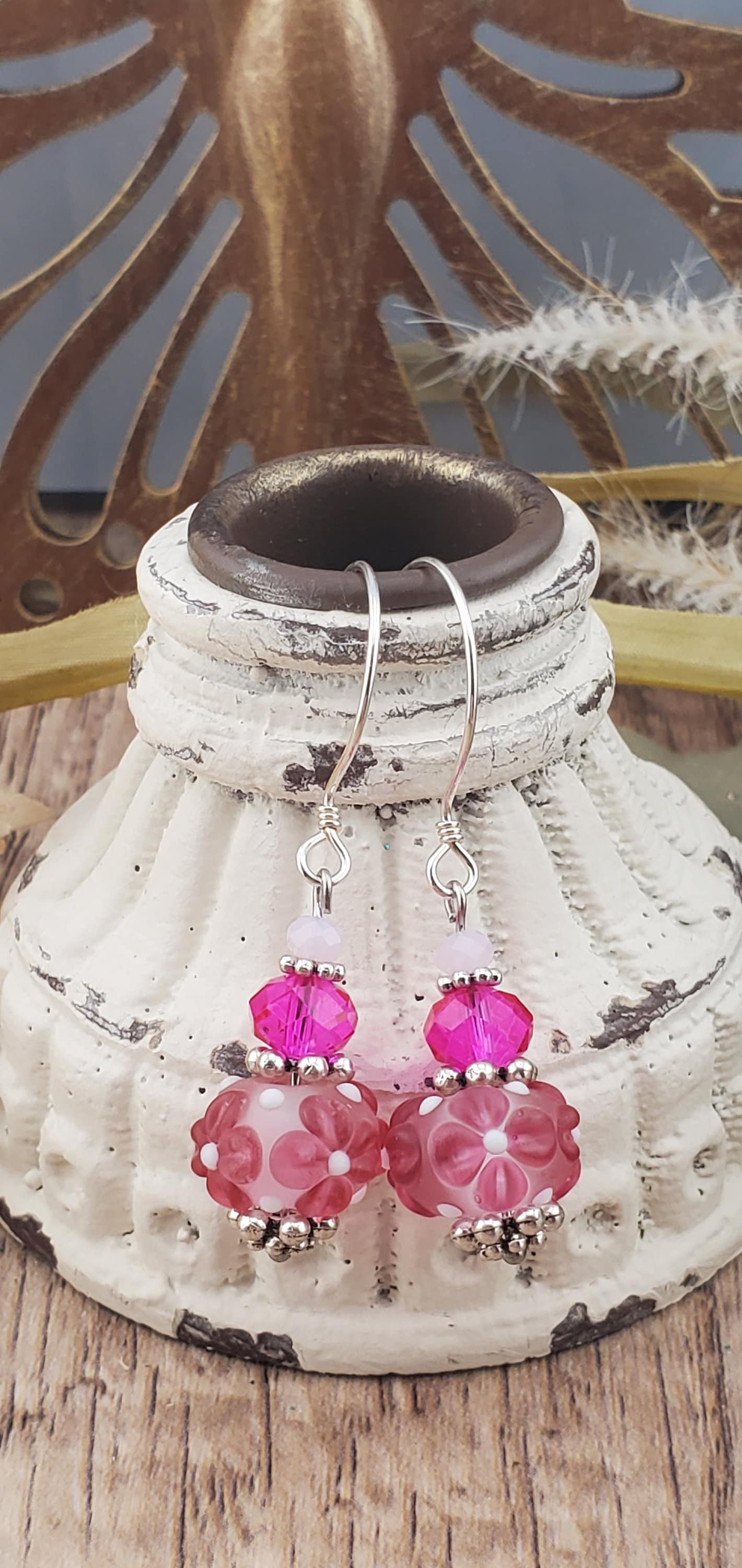 Pretty In Pink Artisan Glass Earrings, Lampwork Glass Bead by Grace Lampwork Beads, Sterling Silver Earring Wire