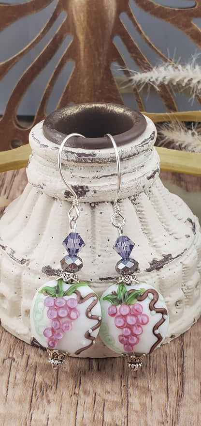 Achieve Grapeness Artisan Glass Earrings, Lampwork Glass Bead by Grace Lampwork Beads, Sterling Silver Earring Wire
