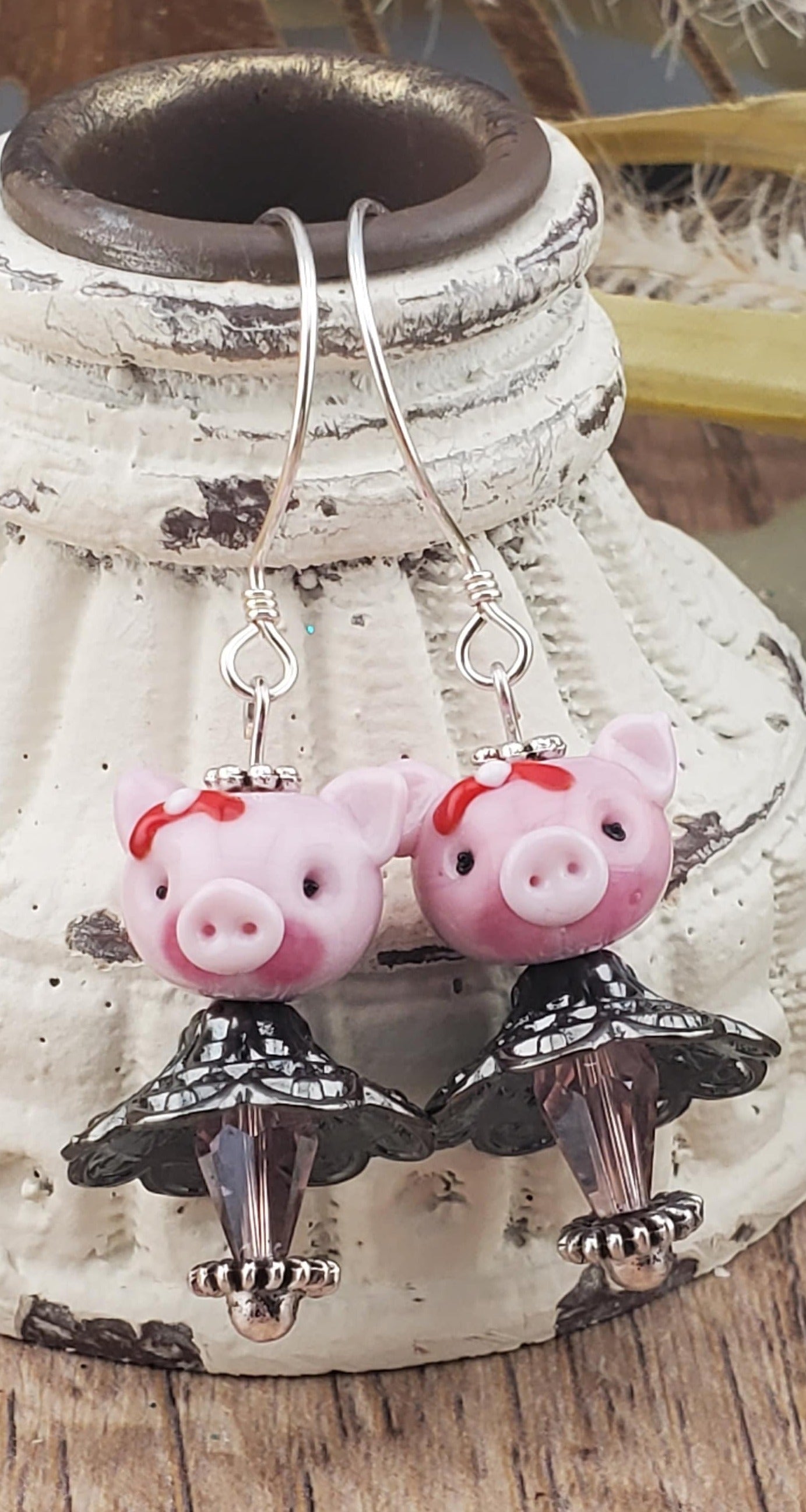 Getting Piggy with It Artisan Glass Earrings, Lampwork Glass Bead by Grace Lampwork Beads, Sterling Silver Earring Wire