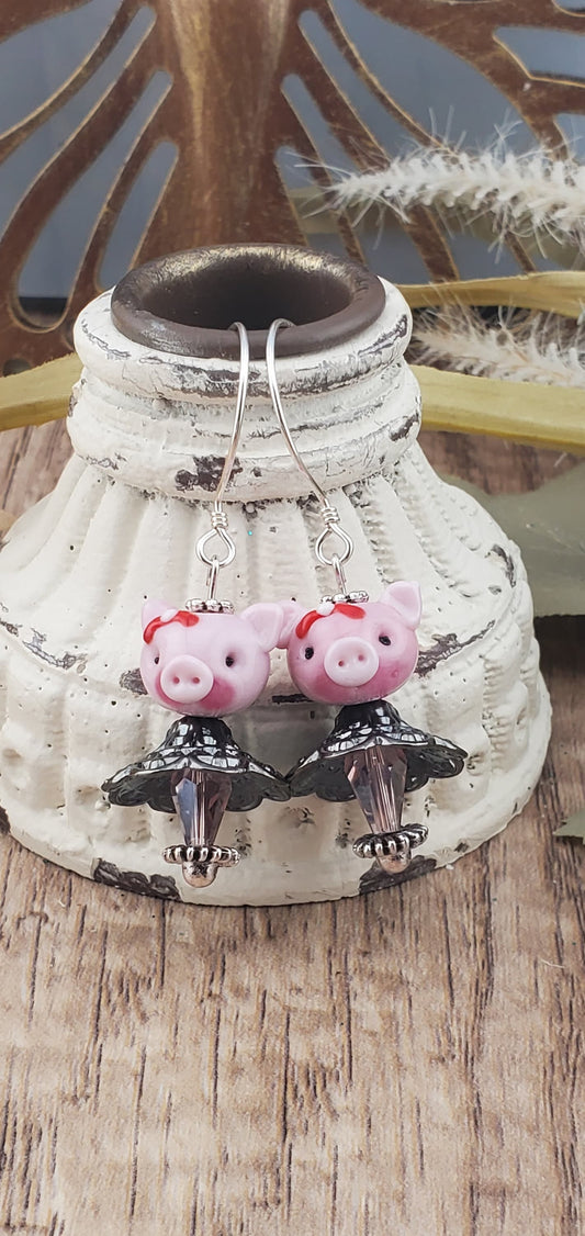 Getting Piggy with It Artisan Glass Earrings, Lampwork Glass Bead by Grace Lampwork Beads, Sterling Silver Earring Wire