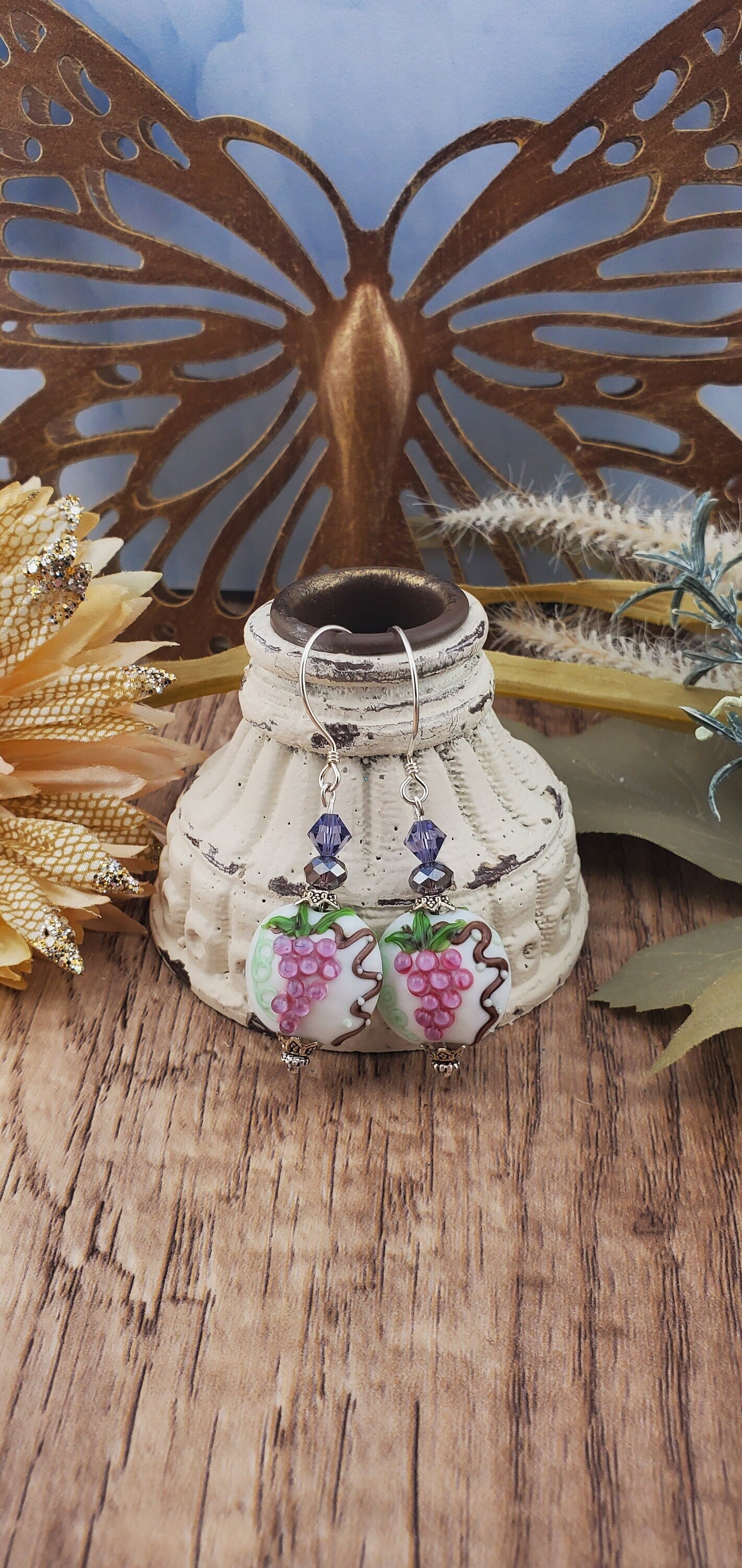 Achieve Grapeness Artisan Glass Earrings, Lampwork Glass Bead by Grace Lampwork Beads, Sterling Silver Earring Wire
