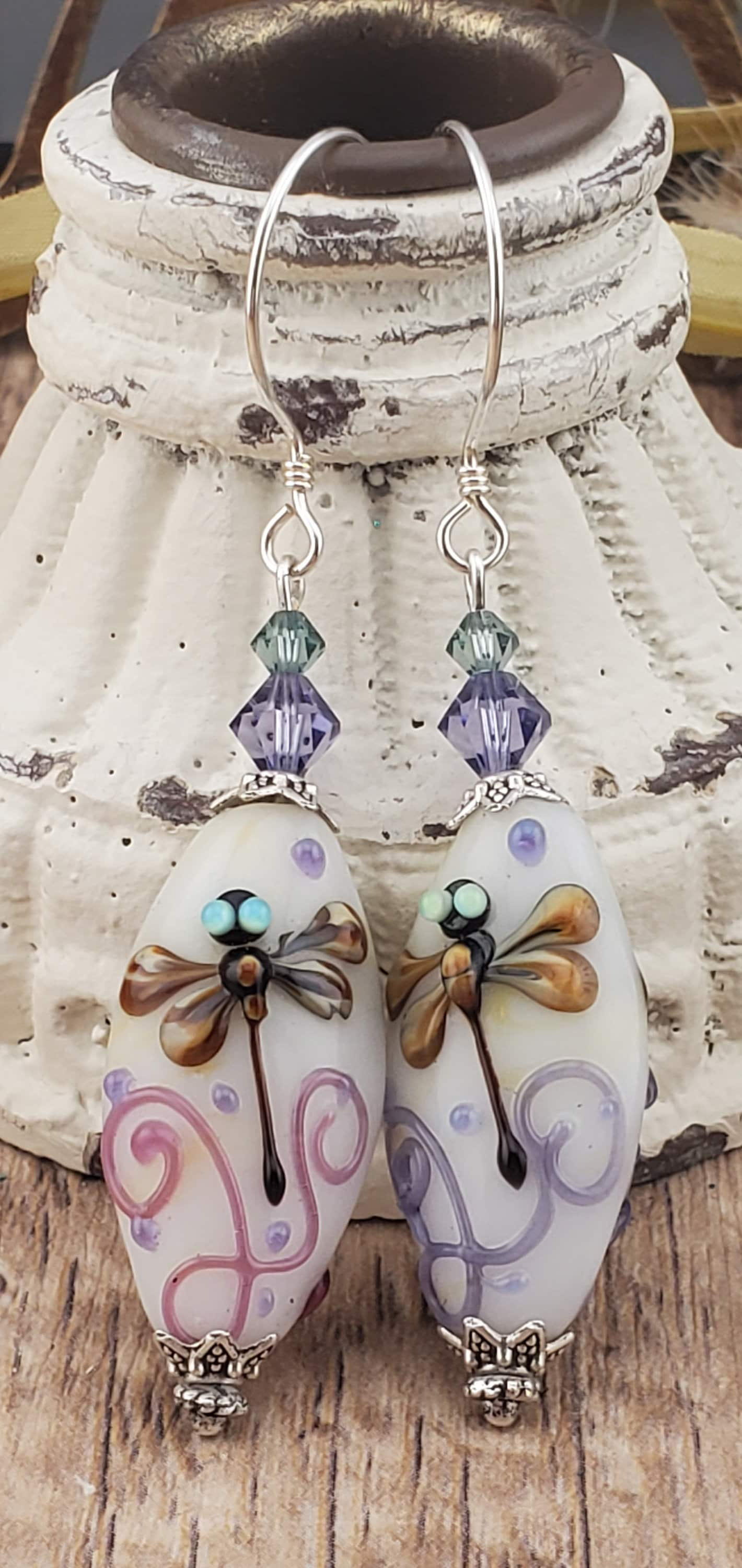 Peace, Love and Dragonflies Artisan Glass Earrings, Lampwork Glass Bead , Sterling Silver Earring Wire