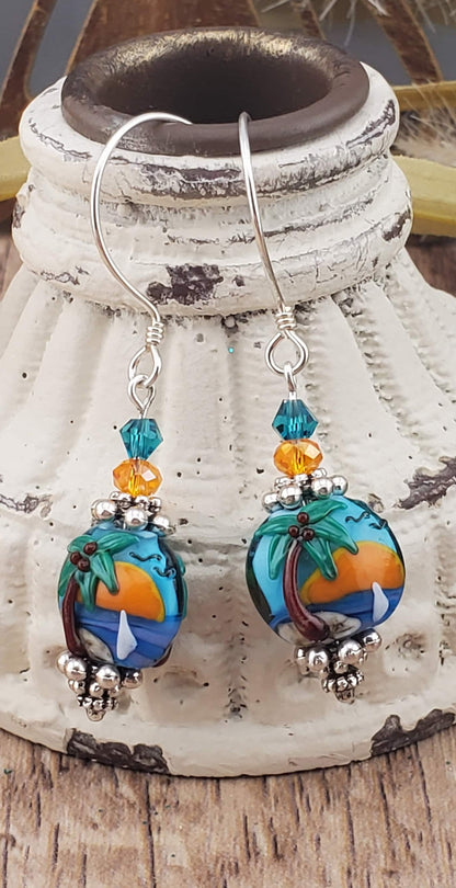 Island Time Artisan Glass Earrings, Lampwork Glass Bead by Grace Lampwork Beads, Sterling Silver Earring Wire