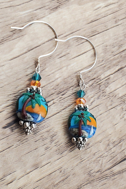 Island Time Artisan Glass Earrings, Lampwork Glass Bead by Grace Lampwork Beads, Sterling Silver Earring Wire