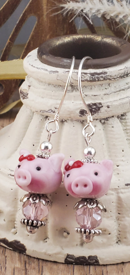 Don't go Bacon my Heart Artisan Glass Earrings, Lampwork Glass Bead by Grace Lampwork Beads, Sterling Silver Earring Wire