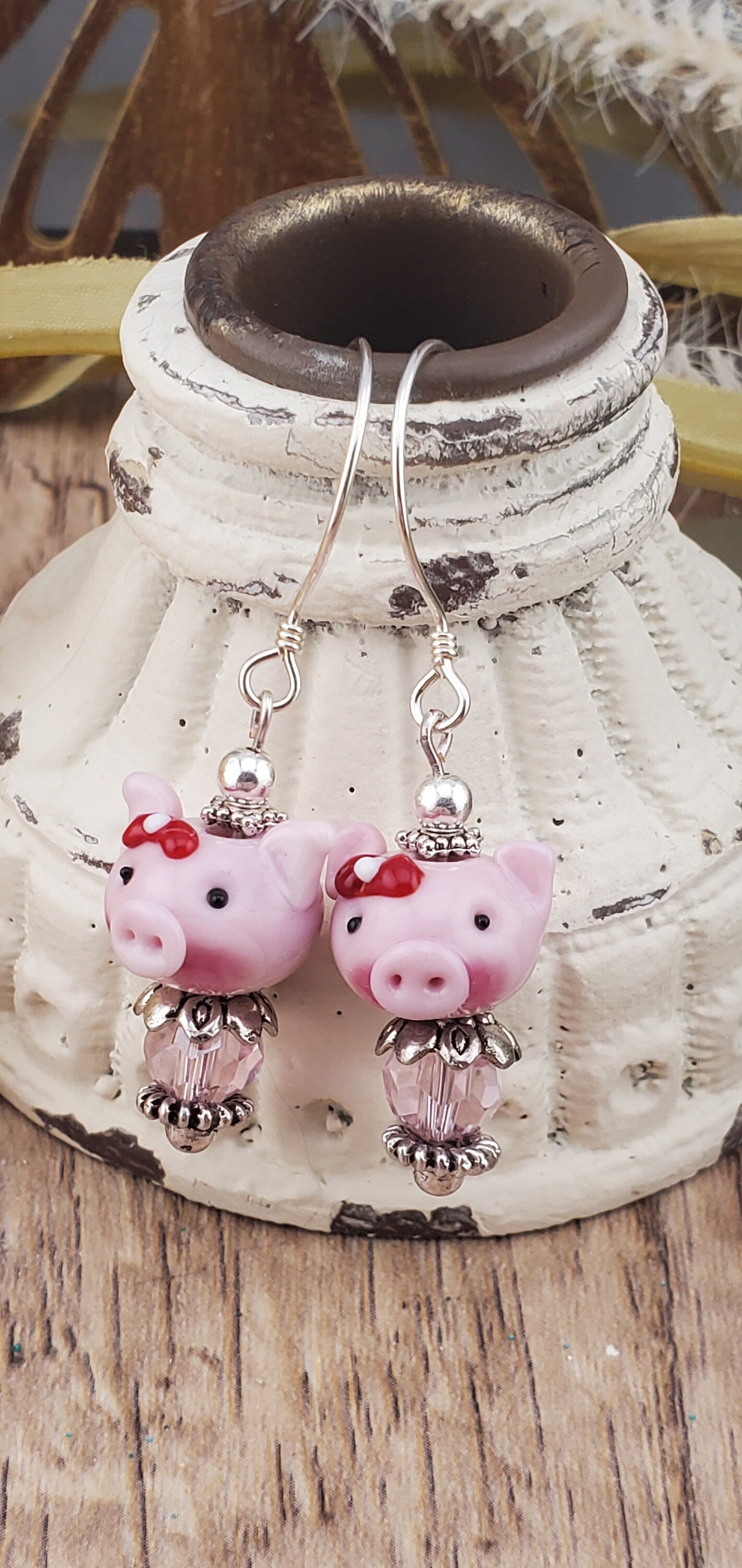 Don't go Bacon my Heart Artisan Glass Earrings, Lampwork Glass Bead by Grace Lampwork Beads, Sterling Silver Earring Wire