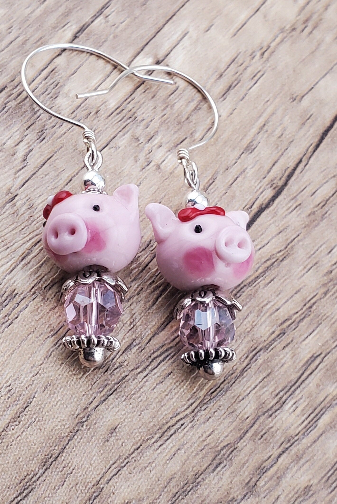 Don't go Bacon my Heart Artisan Glass Earrings, Lampwork Glass Bead by Grace Lampwork Beads, Sterling Silver Earring Wire