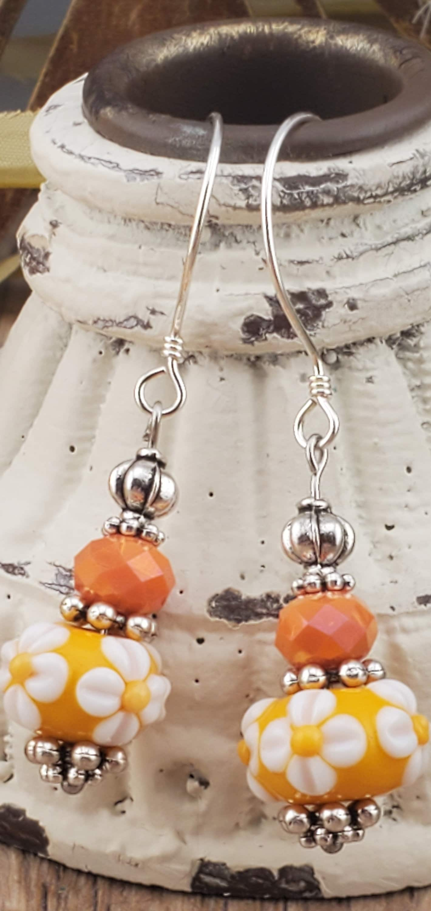 Sunset Blossom Artisan Glass Earrings, Lampwork Glass Bead by Grace Lampwork Beads, Sterling Silver Earring Wire