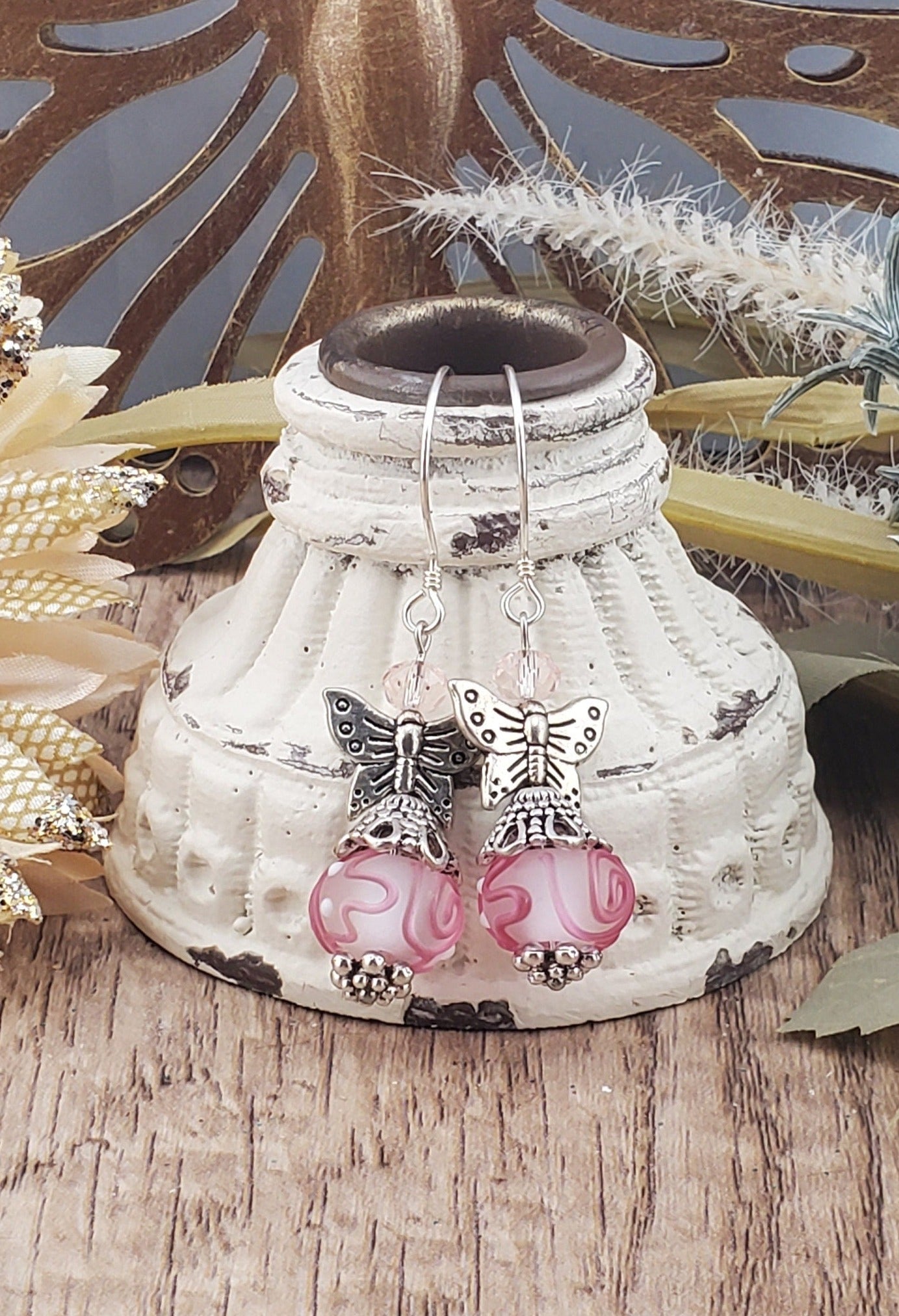 You make my Heart Flutter Artisan Glass Earrings, Lampwork Glass Bead by Grace Lampwork Beads, Sterling Silver Earring Wire