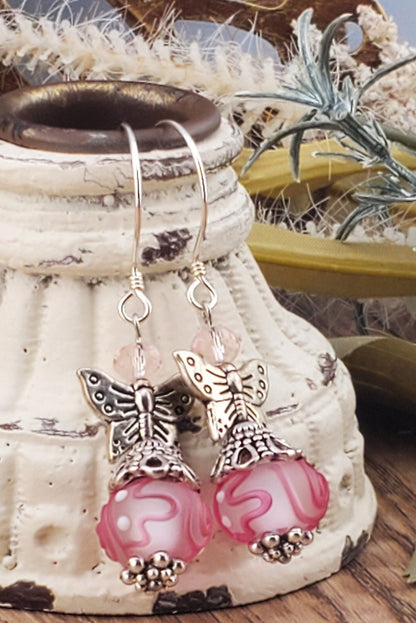 You make my Heart Flutter Artisan Glass Earrings, Lampwork Glass Bead by Grace Lampwork Beads, Sterling Silver Earring Wire
