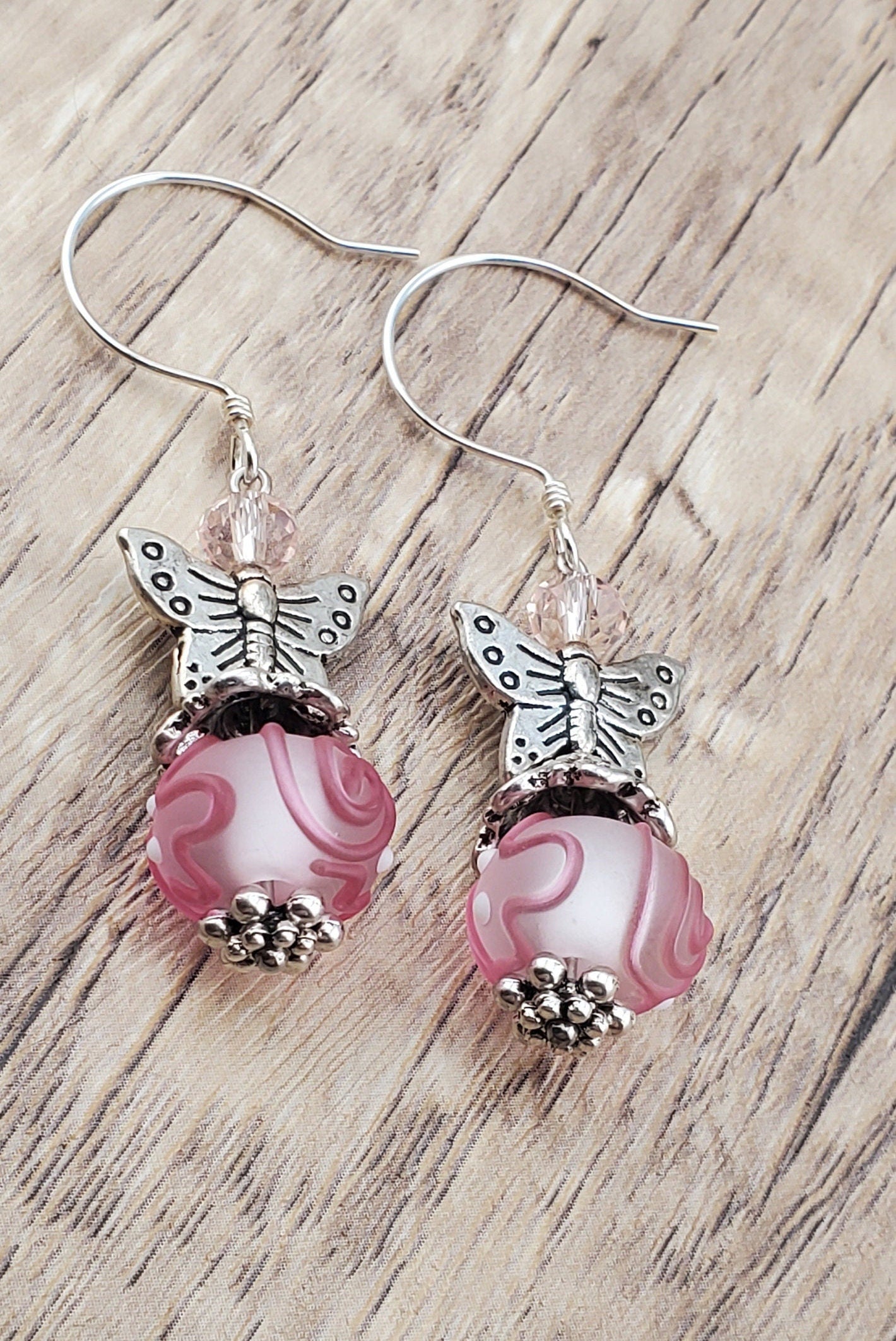 You make my Heart Flutter Artisan Glass Earrings, Lampwork Glass Bead by Grace Lampwork Beads, Sterling Silver Earring Wire
