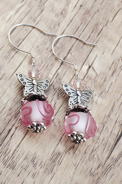 You make my Heart Flutter Artisan Glass Earrings, Lampwork Glass Bead by Grace Lampwork Beads, Sterling Silver Earring Wire