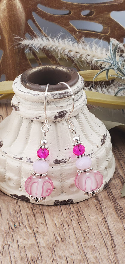 Tickle me Pink Artisan Glass Earrings, Lampwork Glass Bead by Grace Lampwork Beads, Sterling Silver Earring Wire