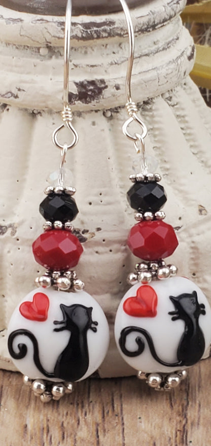 Crazy Cattitude Artisan Glass Earrings, Lampwork Glass Bead by Grace Lampwork Beads, Sterling Silver Earring Wire