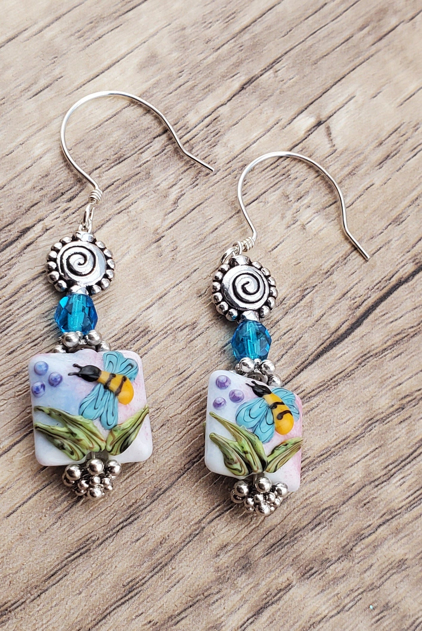 Bee Yourself Artisan Glass Earrings, Lampwork Glass Bead by Grace Lampwork Beads, Sterling Silver Earring Wire