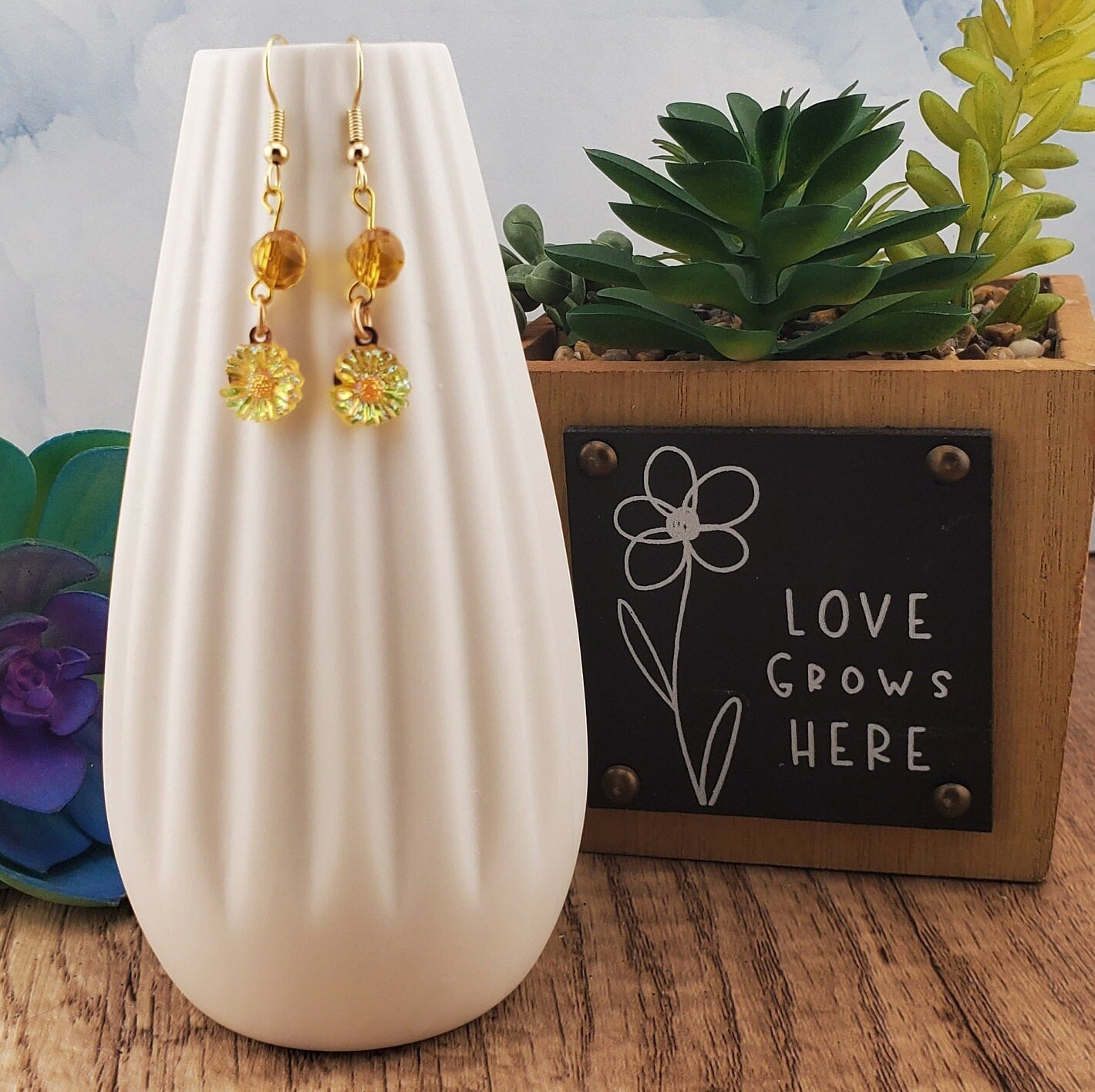 Daisy Earrings, Gold Plated Earring Wire