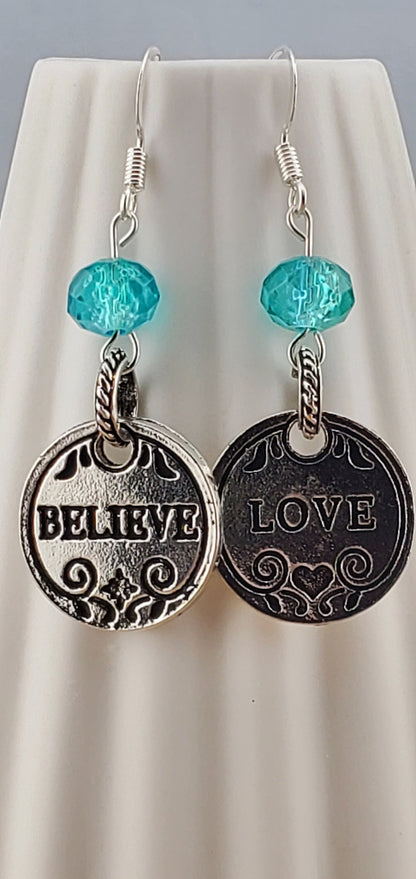 Belief and Love Earrings, Silver Plated Earring Wire