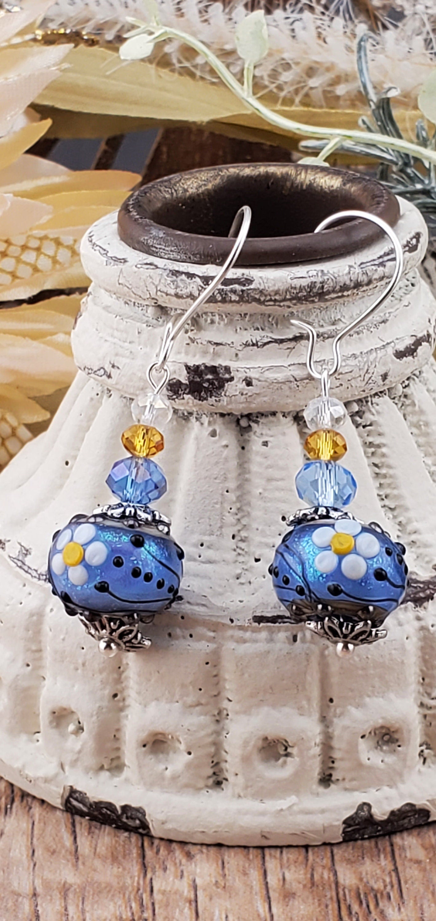 Let Love Blossom Artisan Glass Earrings, Lampwork Glass Bead by Grace Lampwork Beads, Silver Filled Earring Wire