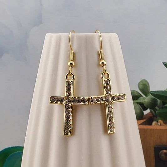 Cross Earrings, Gold Plated Earring Wire