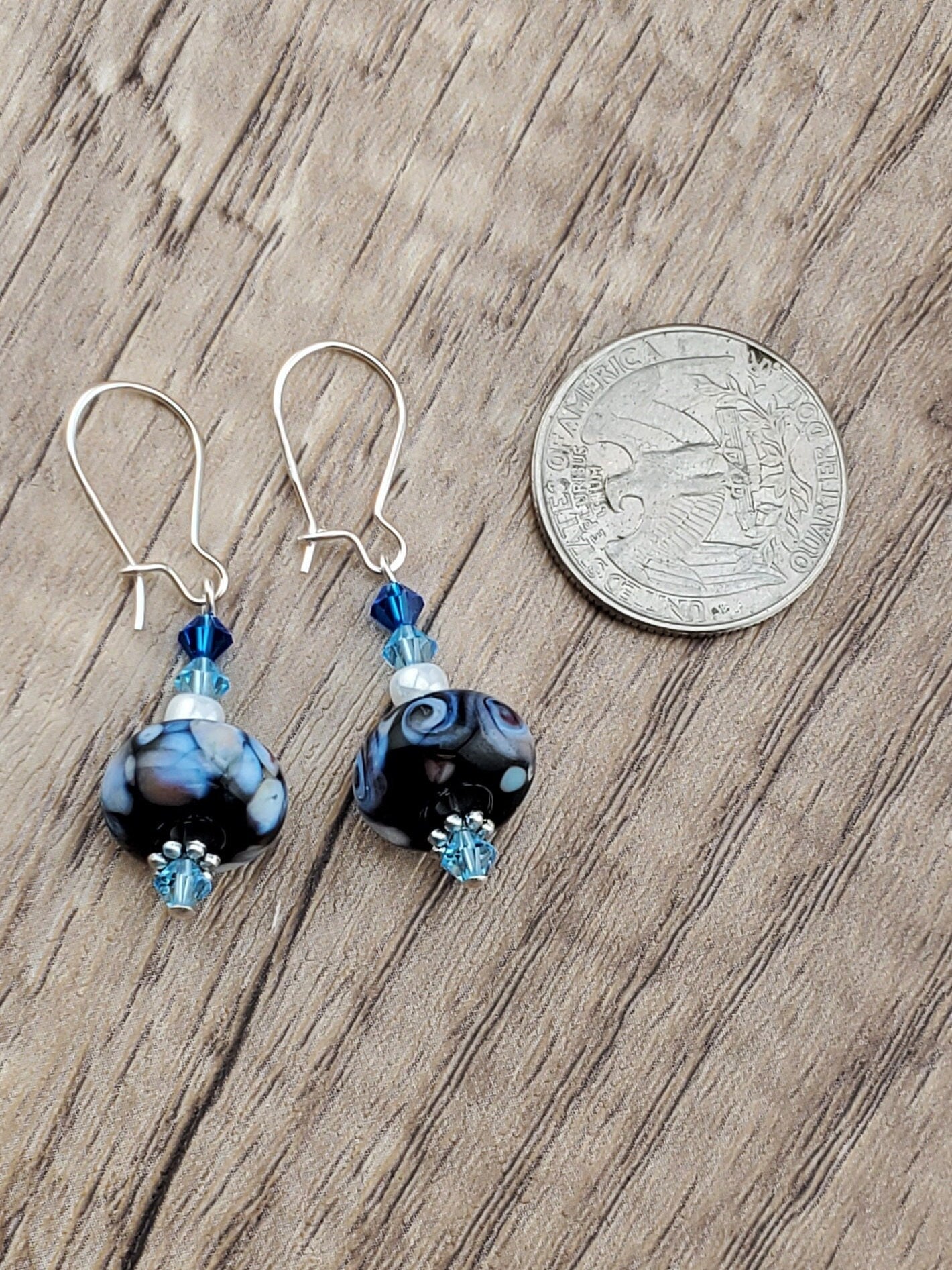 Blue Mosaic Artisan Glass Earrings, Lampwork Glass Bead by a talented artisan, Silver Filled Kidney Earring Wire