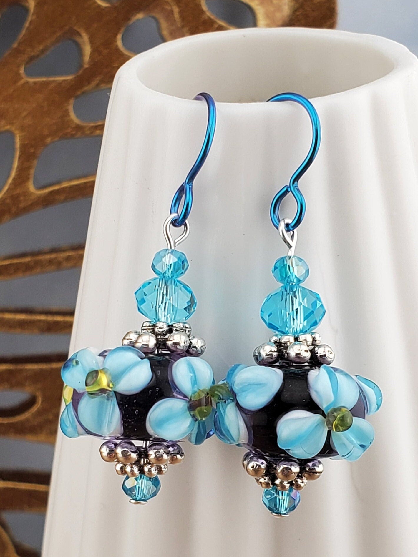 Tropical Bliss Artisan Glass Earrings, Lampwork Glass Bead by a talented artisan, Niobium Earring Wire