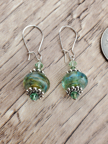 Blends of Nature Artisan Glass Earrings, Lampwork Glass Bead by a talented artisan, Silver Filled Kidney Earring Wire