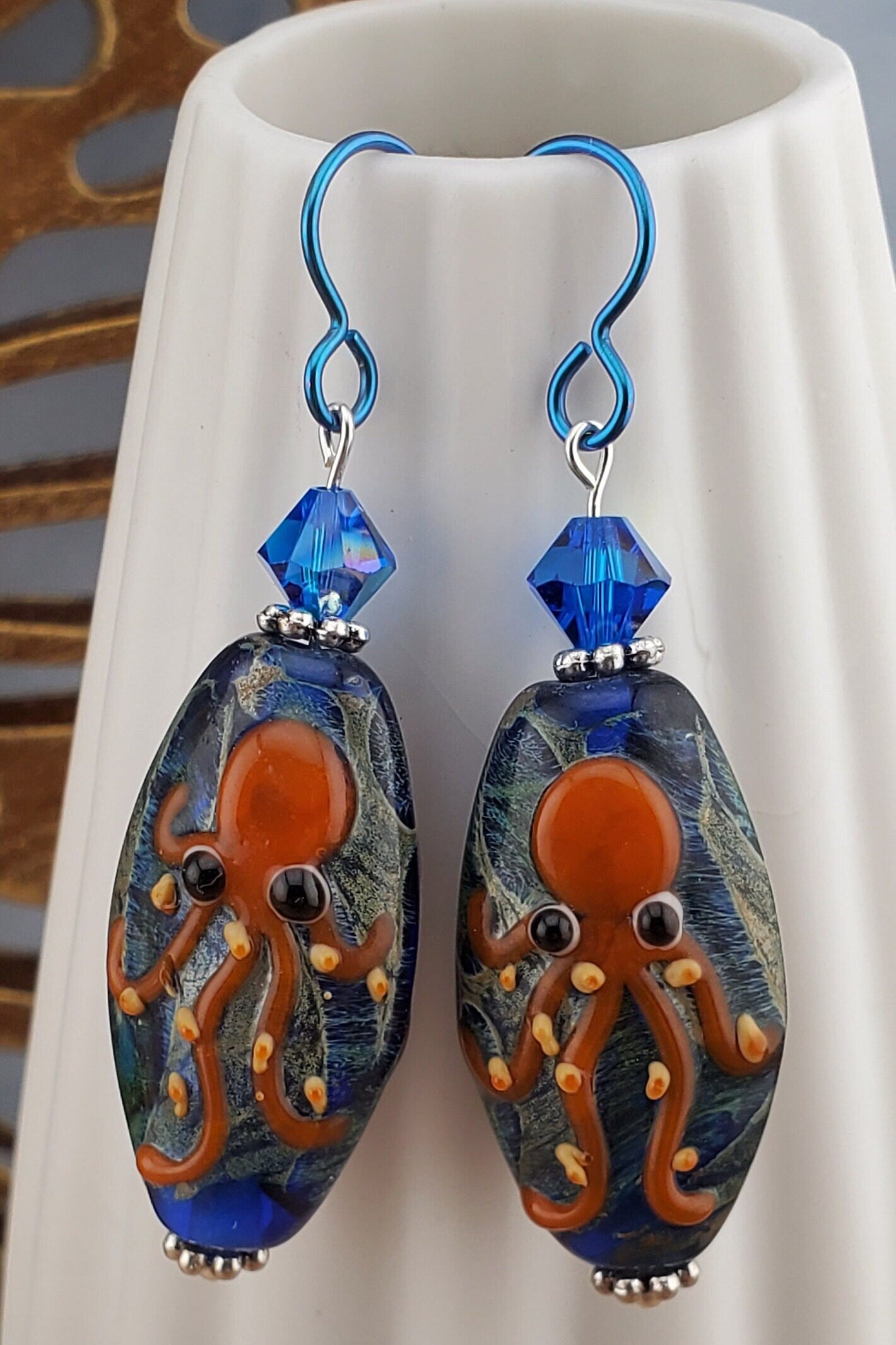 The Kraken Artisan Glass Earrings, Lampwork Glass Bead by a talented artisan, Niobium Earring Wire